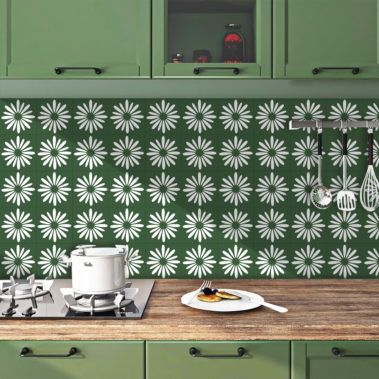 Commercial Kitchen Tiles - 10pcs Green Daisy Matte Surface Tiles